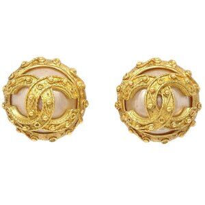 Chanel CC Artificial Pearl Button Clip-On Earrings Gold 94A 117065